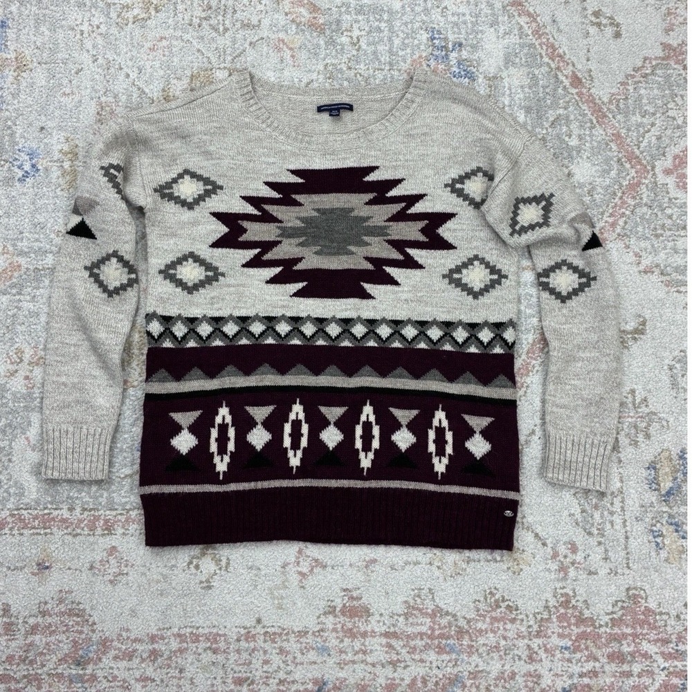 American Eagle Aztec Wool Blend Knit Sweater M Boho Geometric Western Crewneck